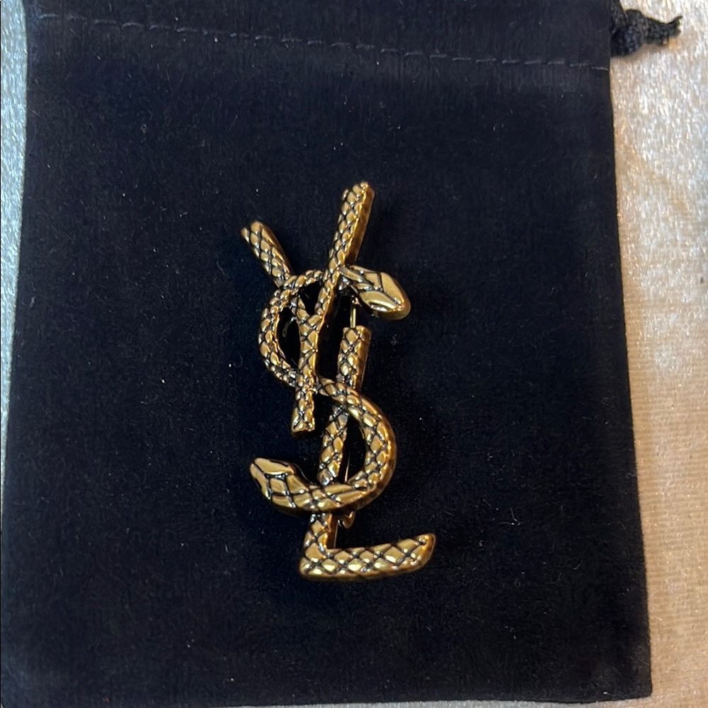 Yves Saint Laurent Gold Snake Monogram Brooch